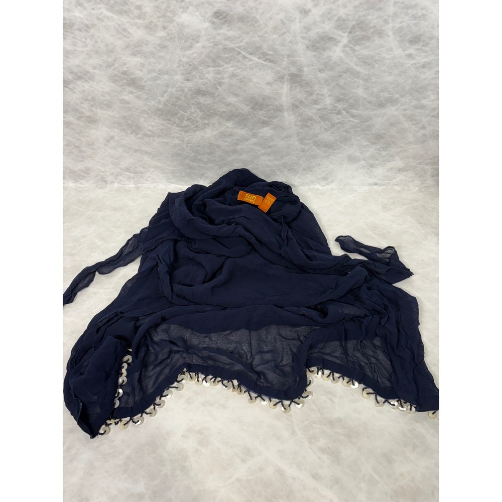 Sun Covers Navy Blue Rayon Beaded Shell Trim Sarong Wrap Beach Cover Up One Size